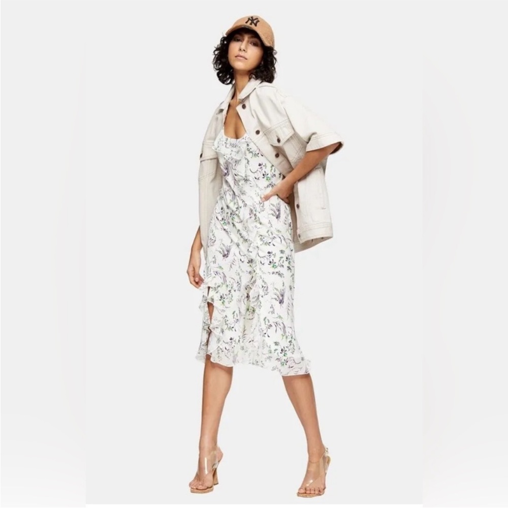 NWT Topshop Women's Dress Idol Midi Ruffle Frill Floral Print Sleeveless Size 8